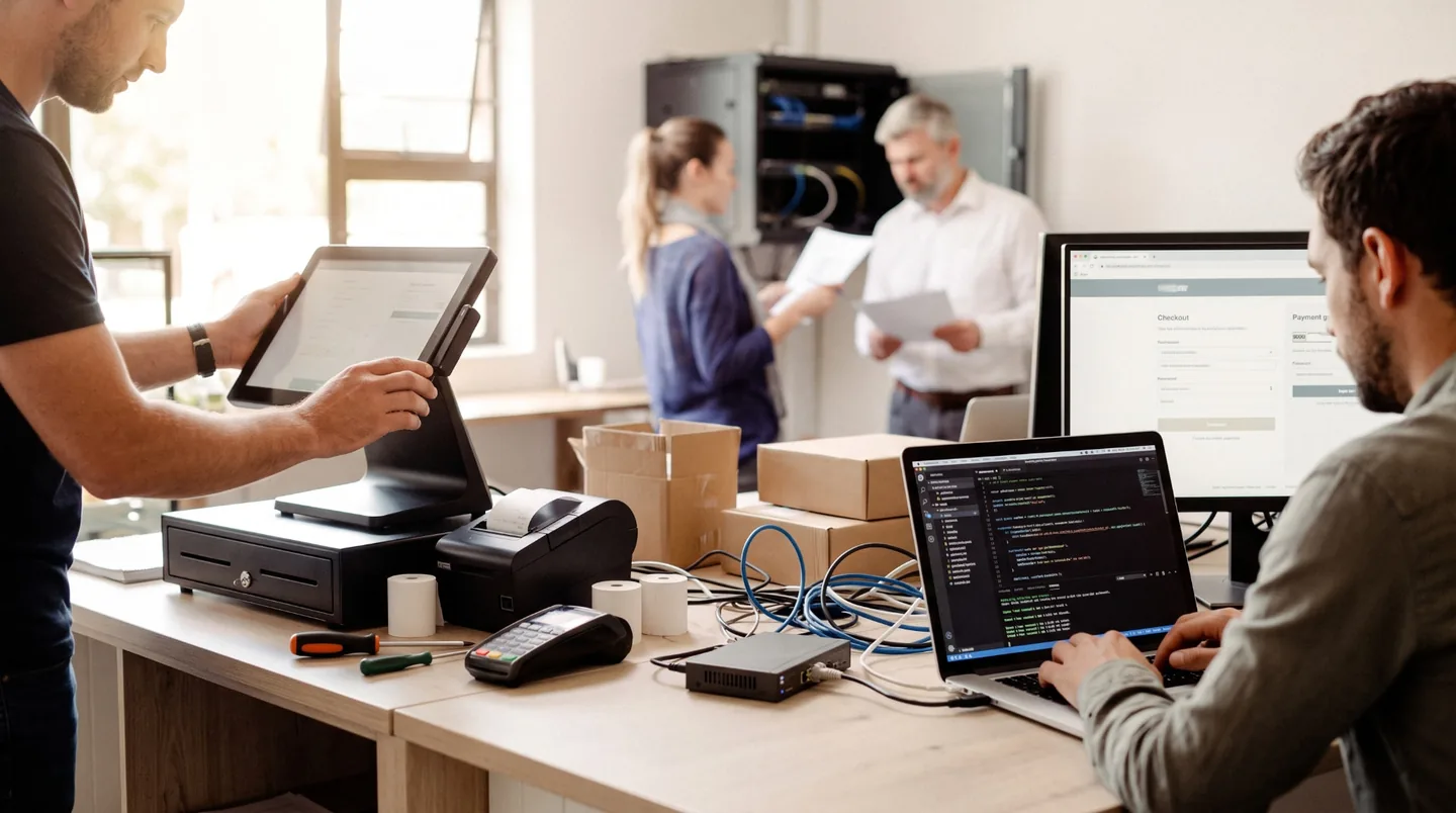 Payment technicians configuring a point-of-sale terminal and testing checkout software on a laptop
